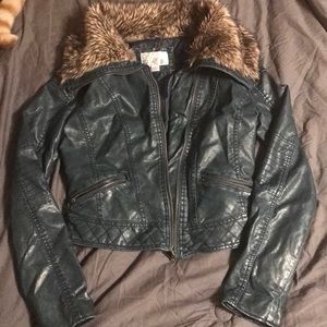 Blue faux fur Moto zip up jacket